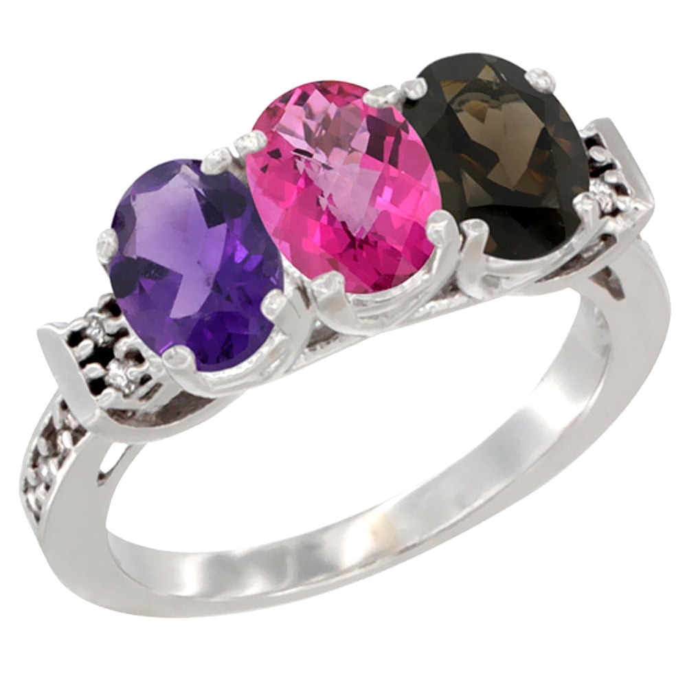 10K White Gold Natural Amethyst, Pink Topaz & Smoky Topaz Ring 3-Stone Oval 7x5 mm Diamond Accent, sizes 5 10 by WorldJewels