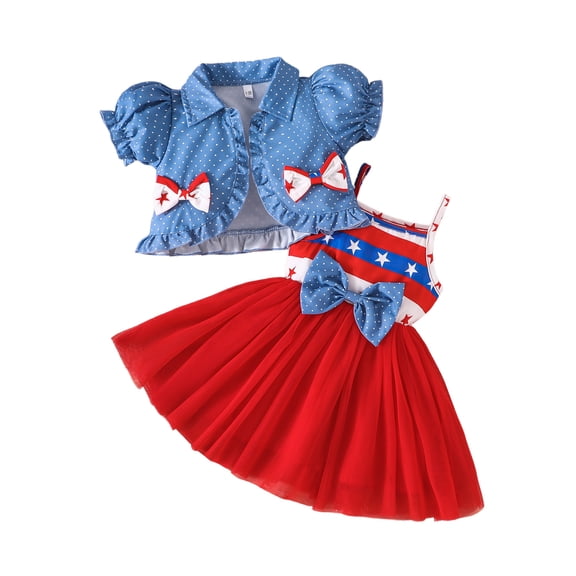 BemeyourBBs Toddler Little Girl Spring Summer Dress and Cardigan Sets Baby Girls 4th of July Outfit Striped and Stars Printed Sleeveless Tutu Dress Puff Short Sleeve Polka Dot Coat Set