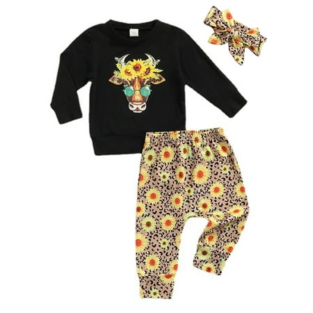 

Haite Baby Cartoon Printed Long Sleeve Shirts + Pants Suits Straight Leg Pant Sets Clothes Floral Print Crew Neck 2 Pieces Outfit