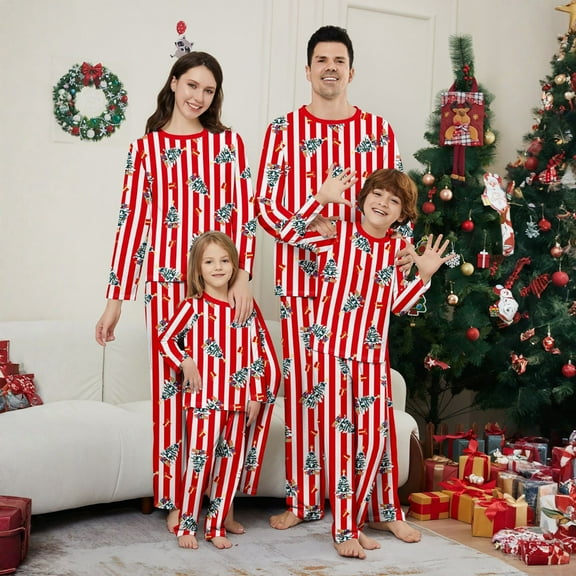 Red and White Family Christmas Pajamas Matching Sets – Christmas Tree Print Long Sleeve Tops and Striped Pants, Festive Holiday Sleepwear Outfits for Couples and Families
