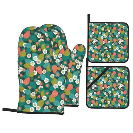 

Oven Mitts and Pot Holders Sets 4 pcs Red berries green leaves white flowers Non-Slip Oven Gloves Potholders Soft Quilted Lining Heat Resistant Gloves Hot Pads for Kitchen Cooking Baking