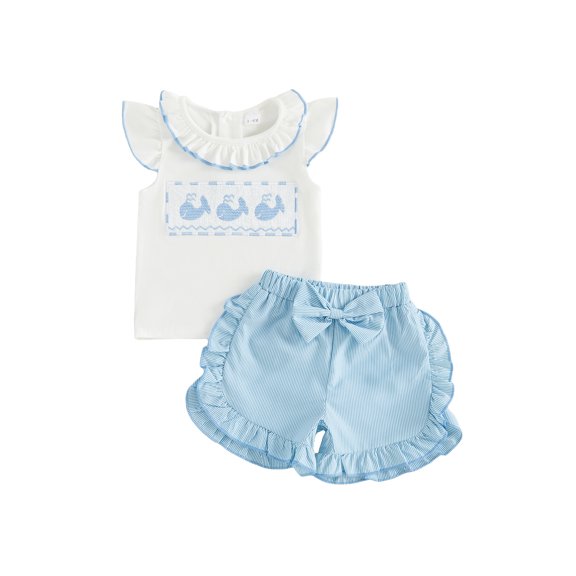BemeyourBBs Toddler Baby Girls Summer Clothes Little Baby Girl Dolphin Outfit Cute Dolphin Embroidery Flying Sleeve t Shirt Tops and Ruffled Striped Shorts Set Toddler Girl Summer 2 Pieces Outfit