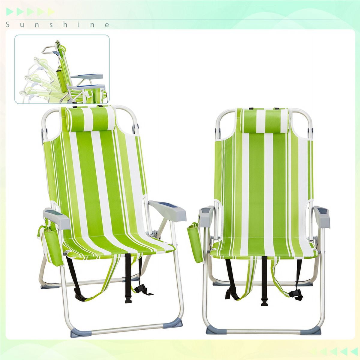 63*70*99cm Heightened Oxford Cloth Silver White Aluminum Tube Bearing 100kg Beach Chair Green Stripes