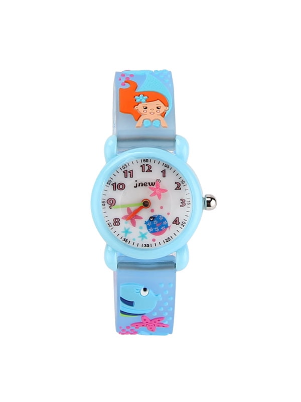 3D Lovely Cartoon Children Watch Silicone Strap Waterproof Digital Round Quartz Wristwatches Time Teacher Gift for Girls Mermaid - Blue