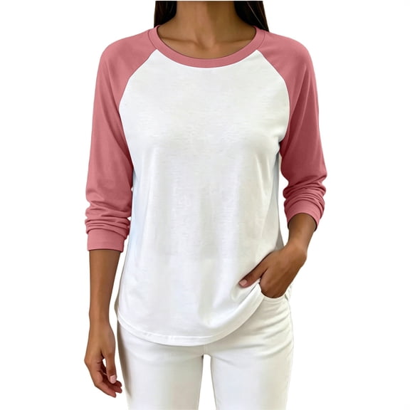 CHGBMOK Women's Color Block Pullover Top Casual Crew Neck Long Sleeve Tunic Blouse Lightweight Loose Fit Shirts