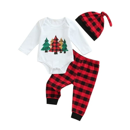 

Frobukio Newborn Baby Boys Girls Christmas Outfits Sets Print Long Sleeve Romper Pants with Hat Clothes Set White 6-12 Months
