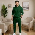 thumbnail image 6 of Men's Winter 2-Piece Casual Set, Solid Color Fleece Pullover Hoodie and Pants, Warm Lounge Wear For Everyday Cold Weather,Dark Green,L, 6 of 8