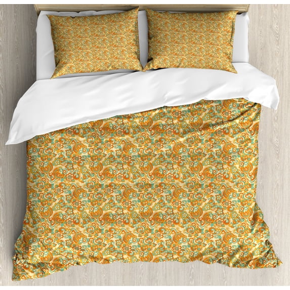 Floral Duvet Cover Set King Size, Print of Swirled Flowers and Curly Leaves in Doodle Grunge Style, Decorative 3 Piece Bedding Set with 2 Pillow Shams, Orange Dark Seafoam and Beige, by Ambesonne