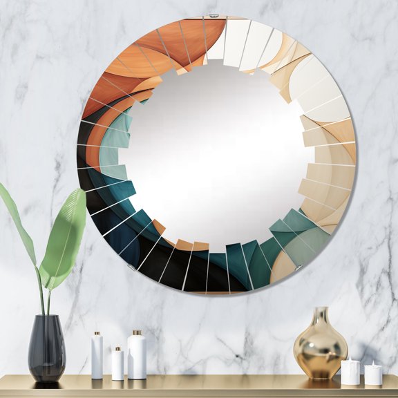Designart "Orange Mid Century Organic euphony I" Abstract Round Wall Mirror - Mid-century Oval Printed Decorative Oversized Mirror - Multiple Color Options