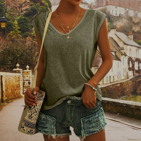 DondPO Going Out Tops for Women Corset Tops Womens Casual Solid V Neck Short Sleeve Vest T Shirt Loose Fit Tank Tops Tank Top for Women Camisole Tops Brown L