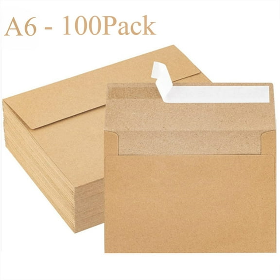 HOHAHO 100 Pack Kraft Paper A6 Envelopes for 4x6 cards , Self-Seal,peal &stick, Perfect for Wedding Baby Shower Conferences, Parties Photo, 4.25x6.25 inch
