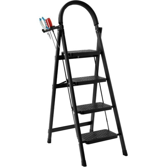 Step Ladder 4 Step Folding, 330lbs Load Capacity 4 Step Ladder with Handrails, Step Stools for Adults with Anti-Slip Pedal, Lightweight Portable Step Stool Foldable for Household, Black