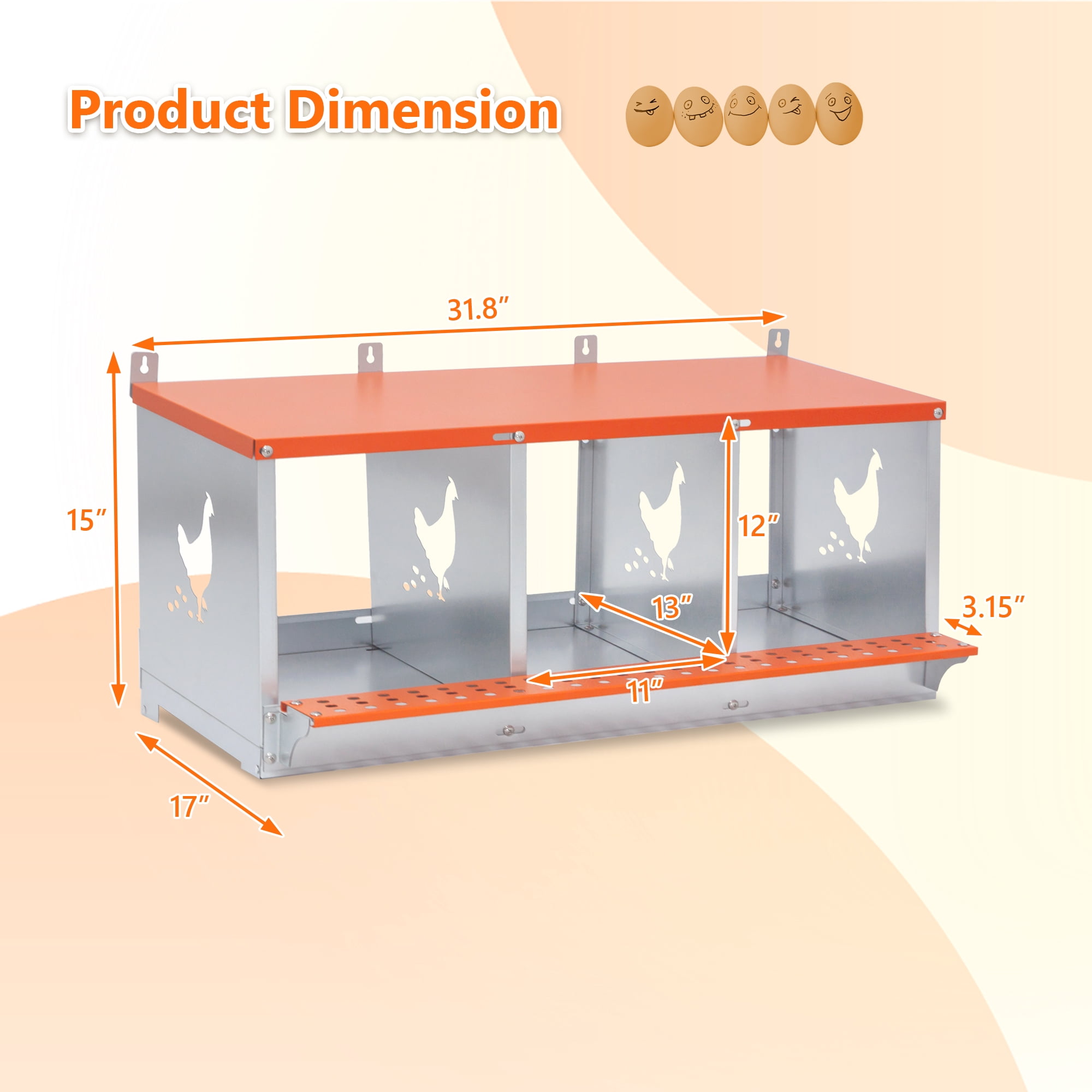 Miniyam 3-Bay Metal Nest Box-Wall Mount for Hens/Ducks, Easy Egg Collection & Assembly, Vented Galvanized Steel Coop Equipment Orange