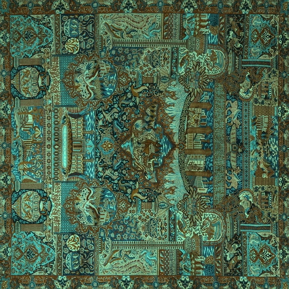 Ahgly Company Machine Washable Indoor Square Animal Turquoise Blue Traditional Area Rugs, 4' Square