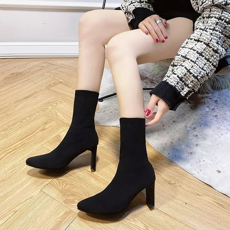 

Clearance Sales Online Deals Autumn And Winter Short Boots Thick Heel Elastic Set High Heel Flying Woven Wedge Single Boots
