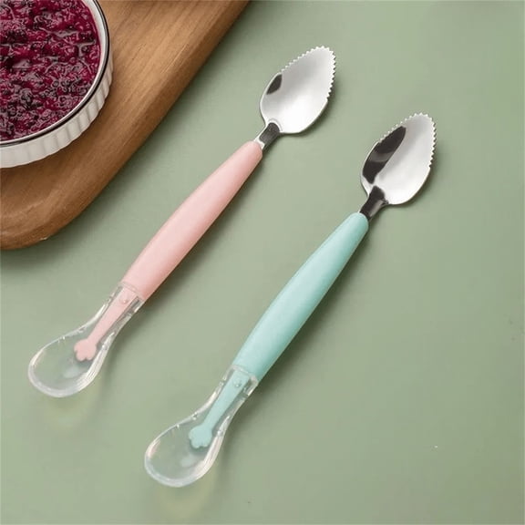 Stainless Steel Double-Headed Scraping Spoon - Rust-Resistant Multi-Functional Tool for Purees, Soft Foods & Fruit Mash, Ergonomic Handle & Easy-to-Clean Design, Utensil for Meal Prep, Green