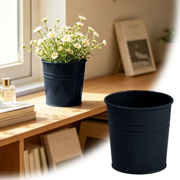 Solid Galvanized Metal Flower Bucket Planter, Mini Metal Pot for Indoor Window Desk Succulent Small Fresh Floral Tabletop Decor,Black,10cm