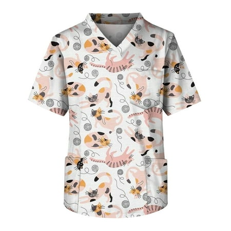 

HHei_K Black Scrubs Men s Printing Short Sleeve V-neck Working Blouse Chest Pocket Carer Top