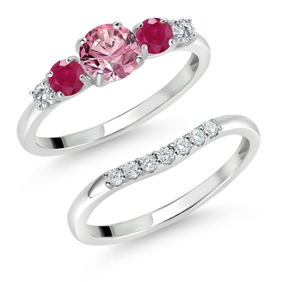 Gem Stone King 10K White Gold Pink and White Lab Grown Diamond Red Ruby 5 Stone Bridal Engagement Wedding Ring Set for Women (0.92 Cttw, Round: 5MM and 3MM, Size 8)