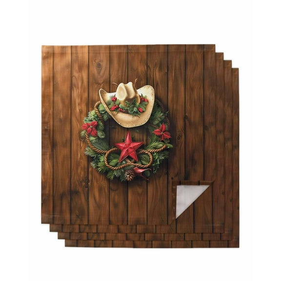 Western Christmas Cloth Napkins Set of 4, Xmas Botanical Wreath Vintage Washable Reusable Dinner Cocktail Napkin for Kitchen Party Wedding Banquet Holiday Baby Shower Table Decor