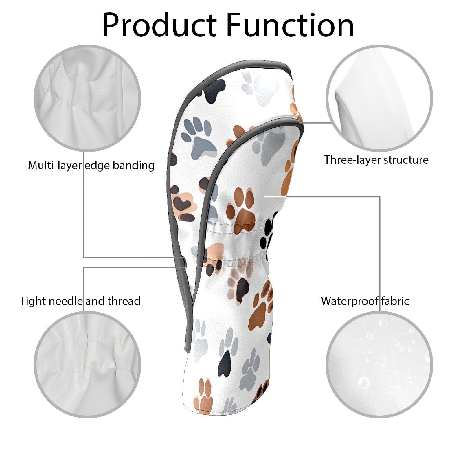 Golf Club Covers, White PawPrint Premium PU Leather Driver Hybrid Putter Head Covers with Velvet Lining, Waterproof Golf Gifts for Men Women