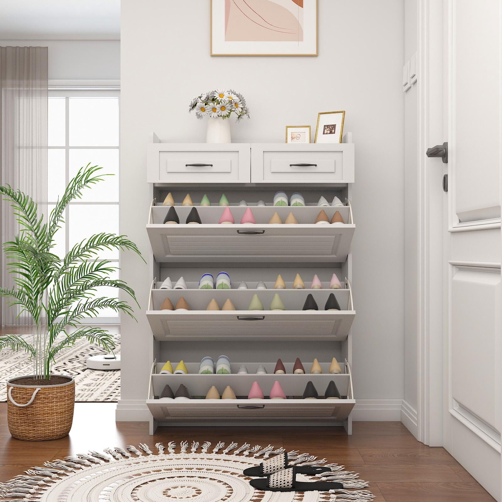 PORKISS Shoe Cabinet, Wooden Entryway Cabinet with Doors and Drawers, 49.2'' Shoe Storage with Large Space, Freestanding Shoe Rack for Home, White