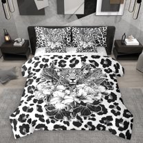 Homewish Retro Cheetah Pattern 7 Pieces Bedding Comforter Set,Jungle Animal Leopard Full Bedding Set,Rustic Flower Floral Fitted Sheet Flat Sheet For Men Women,Luxury Bedroom Decor