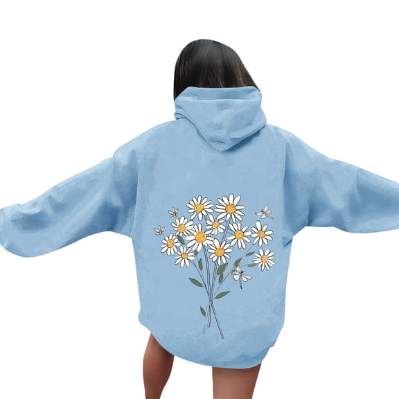 Yrmaups Casual Loose Fit Hooded Floral Pullover Sweatshirt for Women, Cozy Fleece Top for Fall Winter Outdoor Travel Daily Wear, Light Blue M