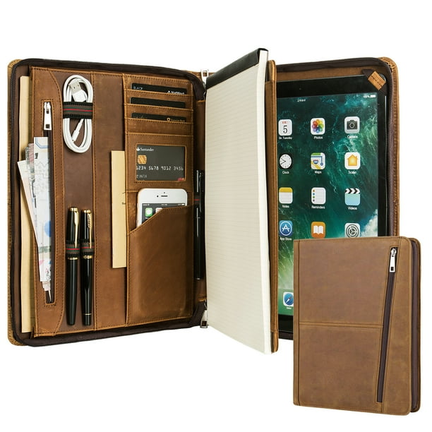 Professional Slim Padfolio Organizer Genuine Leather Compact Portfolio Case with Letter Size (A4