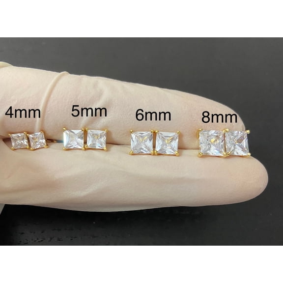 Bluebelljewels Men women 14K Yellow Gold Plated Silver Square Diamond Princess Earring Screw Back Earring Classic