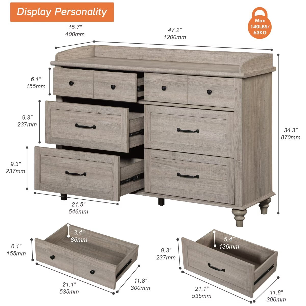 Farmhouse Dresser with 6 Drawers, Wooden Kids Dresser for Kids Room Living Room, Gray