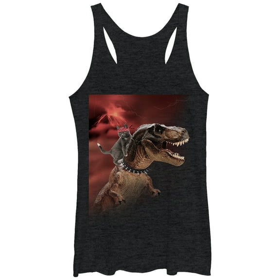 Women's Lost Gods Cat T. Rex Volcano  Racerback Tank Top Black Heather X Large