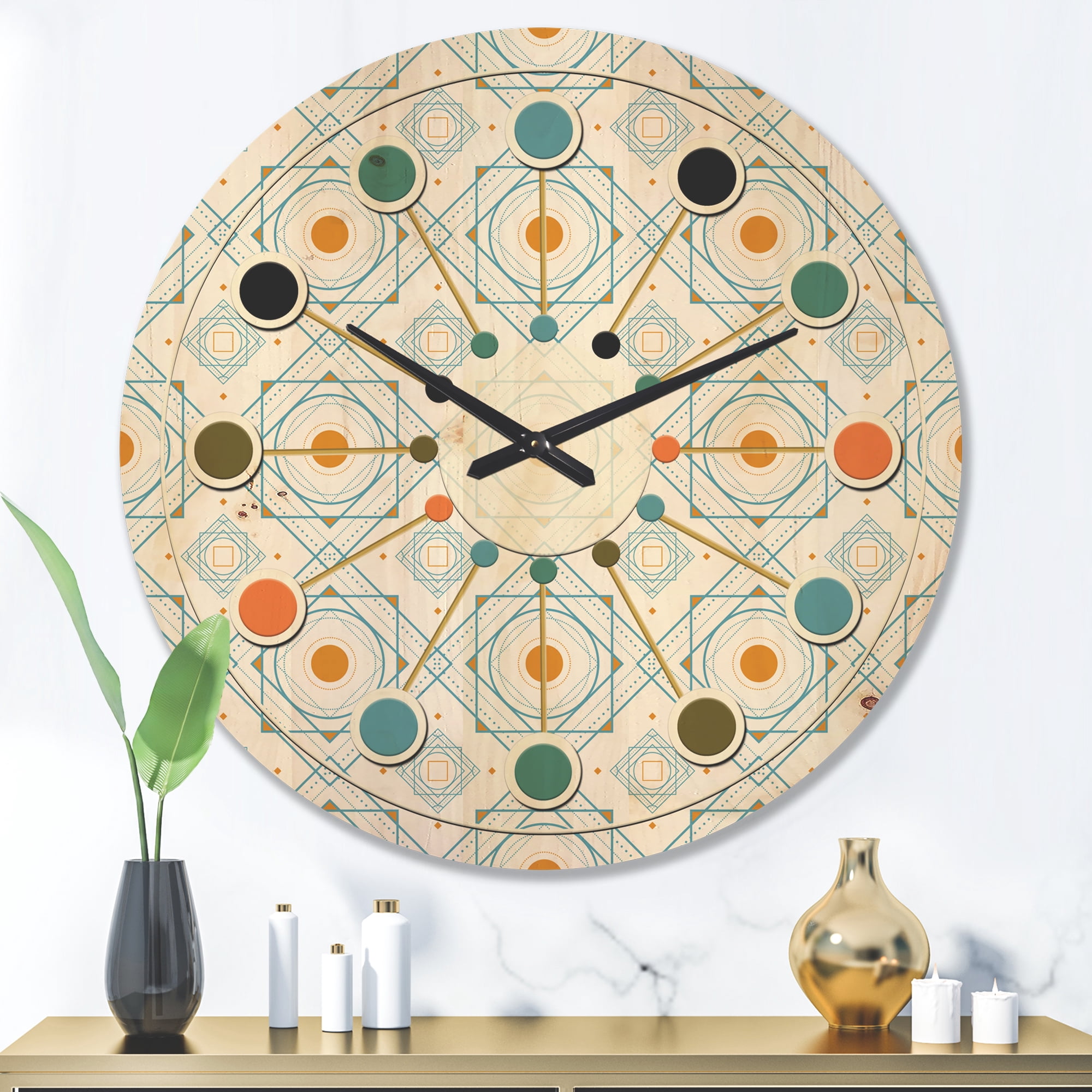 Designart 'Retro Minimal Patttern in Blue and Orange' Mid-Century Modern Wood Wall Clock