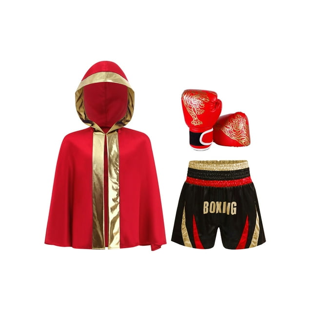 YiZYiF Kids Girls Boys Boxing Outfits Letter Printed Back Hooded Robe Shorts Boxing Training Wear Red Gold 10