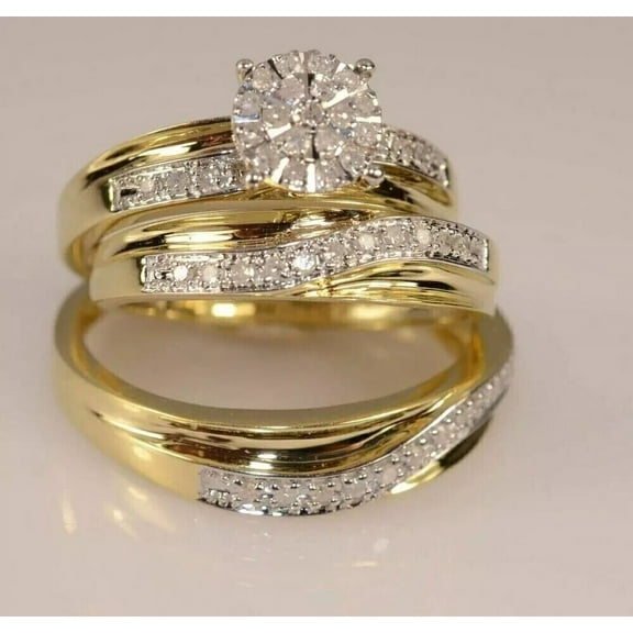 OM Jewels Round Cubic Zirconia His & Her Trio Wedding Ring Set 14K White Gold Plated