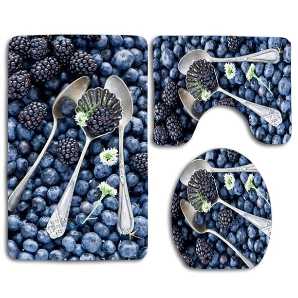 ABPHQTO Bayas Arándanos Moras Cucharas Flores Bokeh Alta Resolución Juego de alfombras de baño de 3 piezas Alfombra de baño Alfombra de contorno y tapa de inodoro ABPHQTO Cont-CHAPPLE-20718