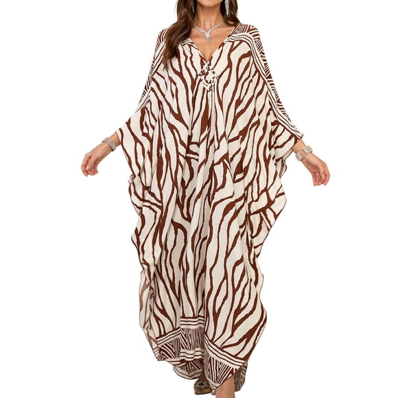 Vestido caftán Yanziliu talla grande con cuello en V y manga murciélago 144 cm