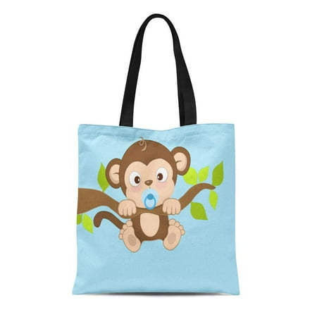Baby Boy Tote Bags LADDKE Canvas Tote Bag Blue Little Baby Boy Monkey Jungle Safari Pacifier Reusable Handbag Shoulder Grocery Shopping Bags ()