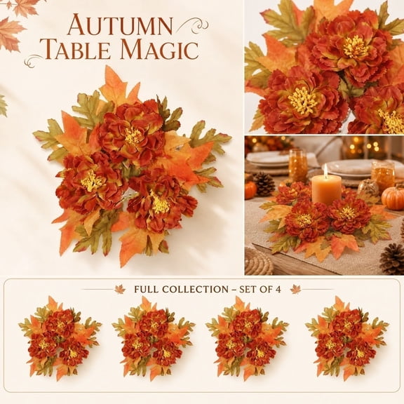 11X11 in 4 Pack Artificial Peony Fall Candle Wreath, Fall Table Decor, Thanksgiving Centerpiece, Centerpiece Table Decorations for Dining Table and Seasonal Display, Uv Resistant