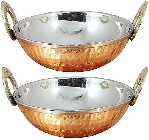 Set of 4 Indian Copper Serveware Karahi Vegetable Dinner Bowl with Handle 