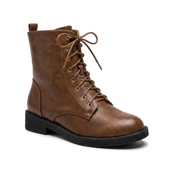 BLISSFUL STEP Women's Round Toe Lace Up Flat Heels Ankle Combat Boots Brown 7.5
