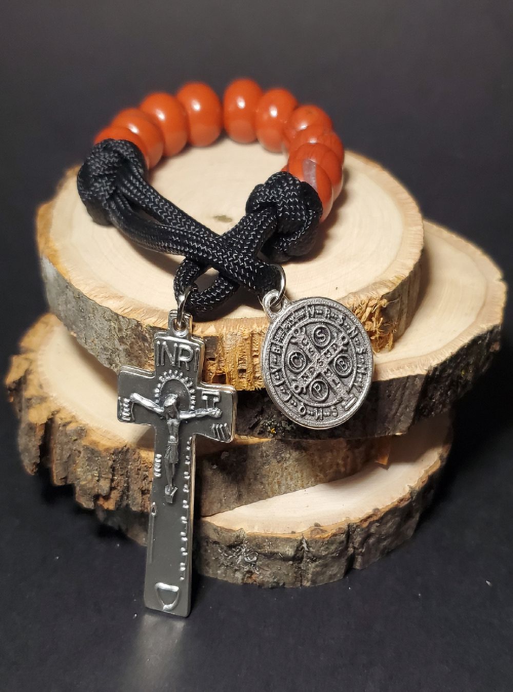 Fortis Rosaries® Demon Slayer Red Agate and Black Paracord Single Decade Penal Rosary St. Benedict Medal