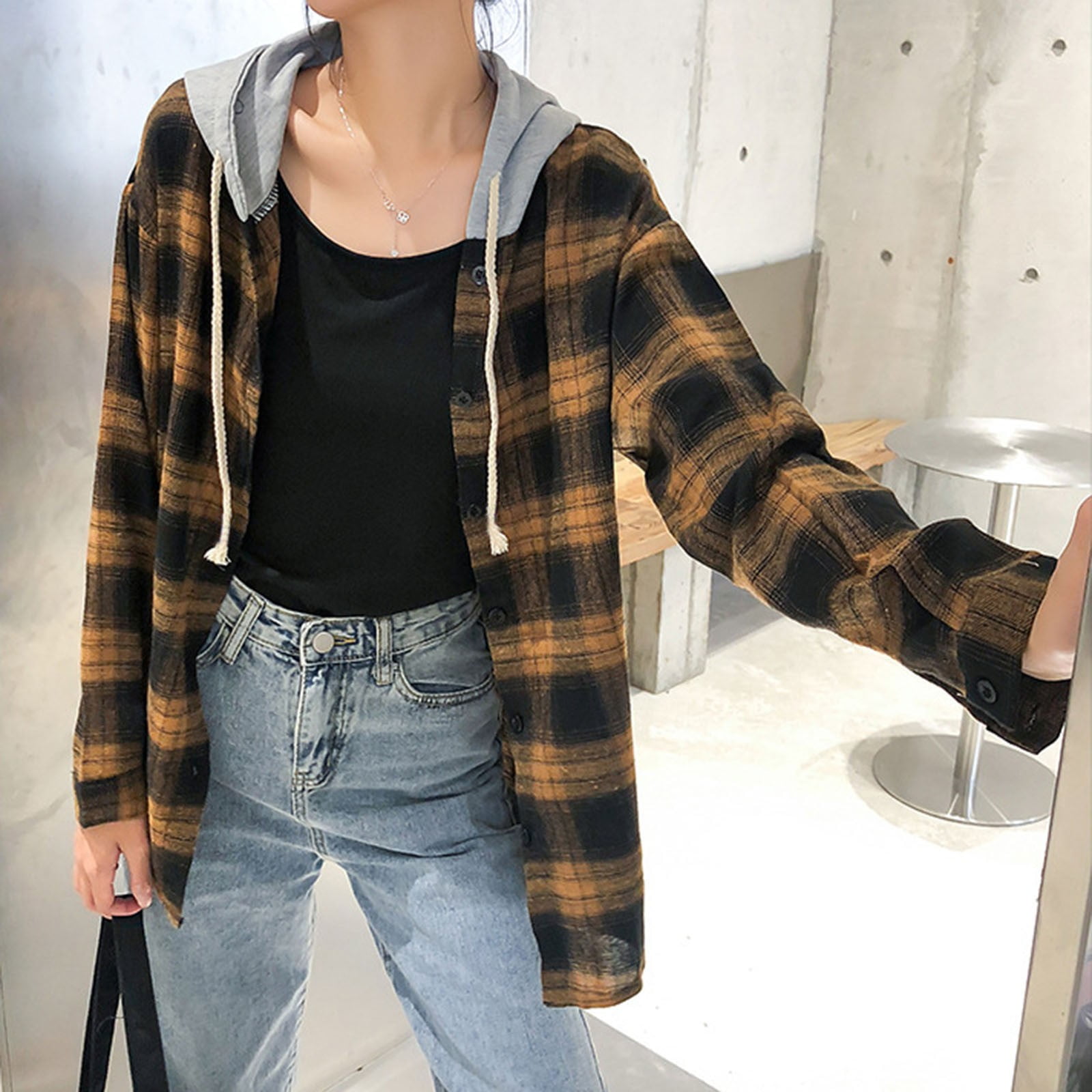 Outfmvch Womens Shirts Plaid Hoodie Jacket Long Sleeve Button Down Blouse Tops, Women's, Size: Large, Yellow