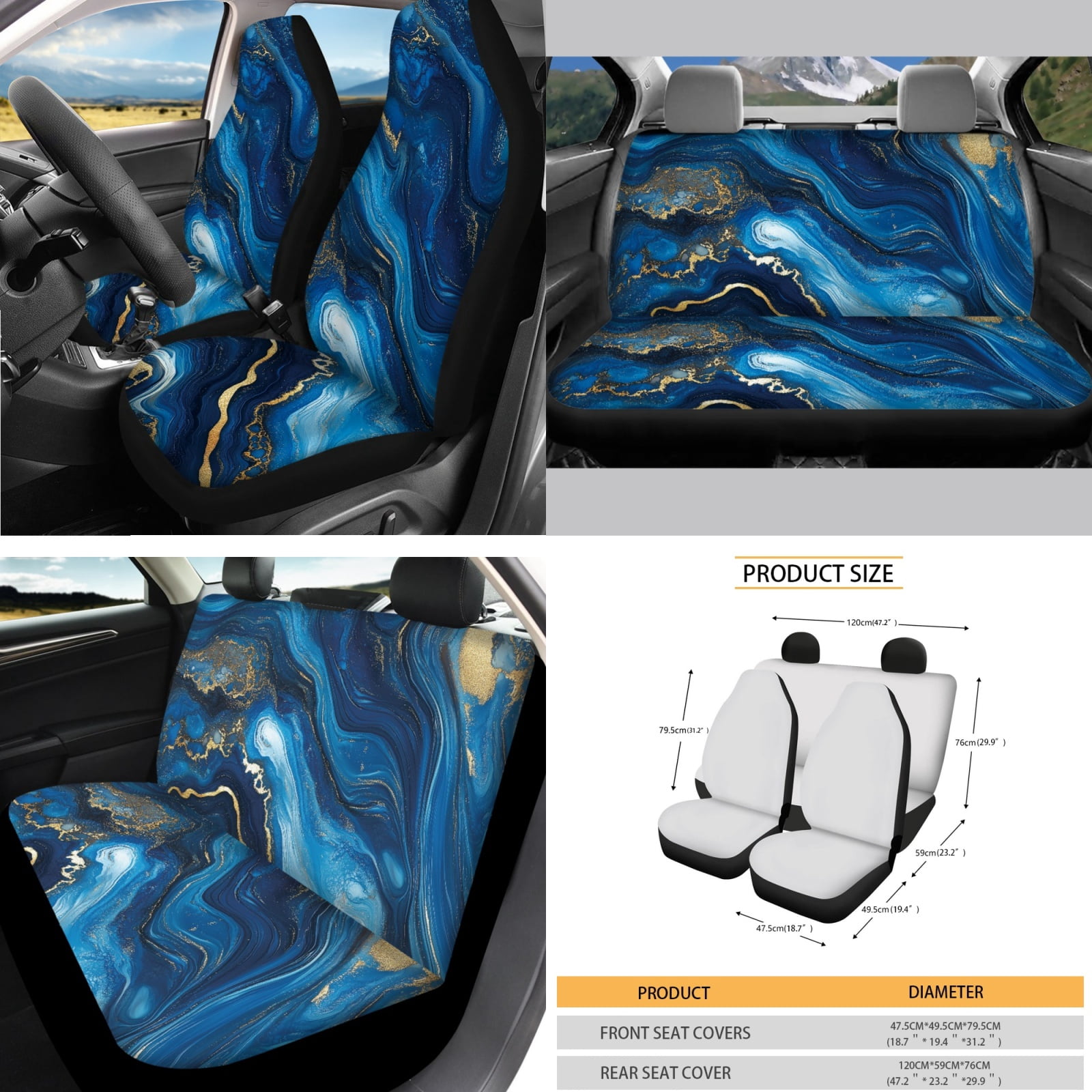 Yuyamidu Blue Marble Print Car Seat Cover Full Set of 14 Fashion Auto Steering Wheel Cover Seatbelt Pads Armrest Cushion Trash Can Rearview Mirror Cover Handbrake Cover Set Coasters