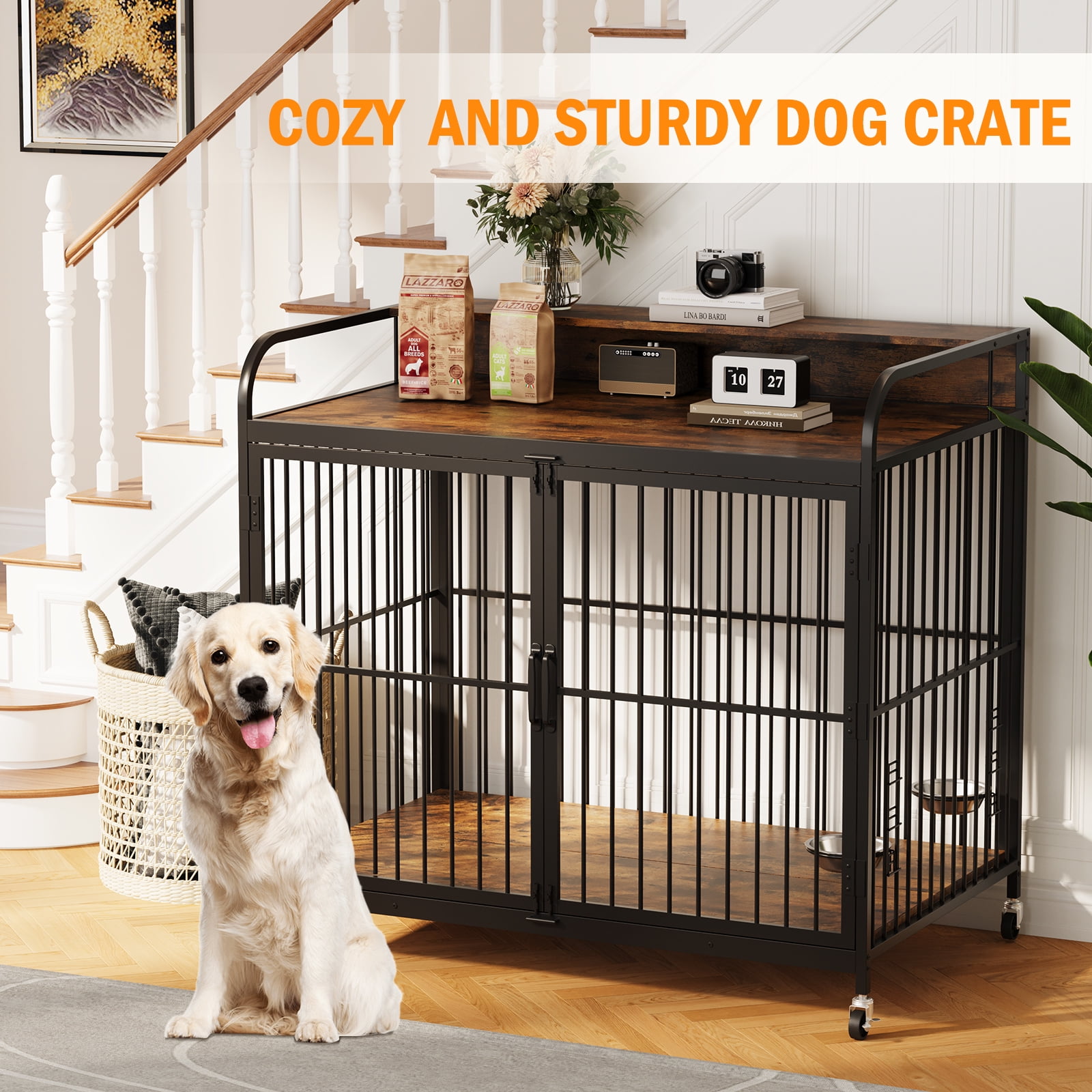 Aoile Dog Crates for Medium Dogs, Heavy Duty Dog Crate with Adjustable Height Feeder, Dog Cage Furniture with 360Â° Wheels, Rustic Brown