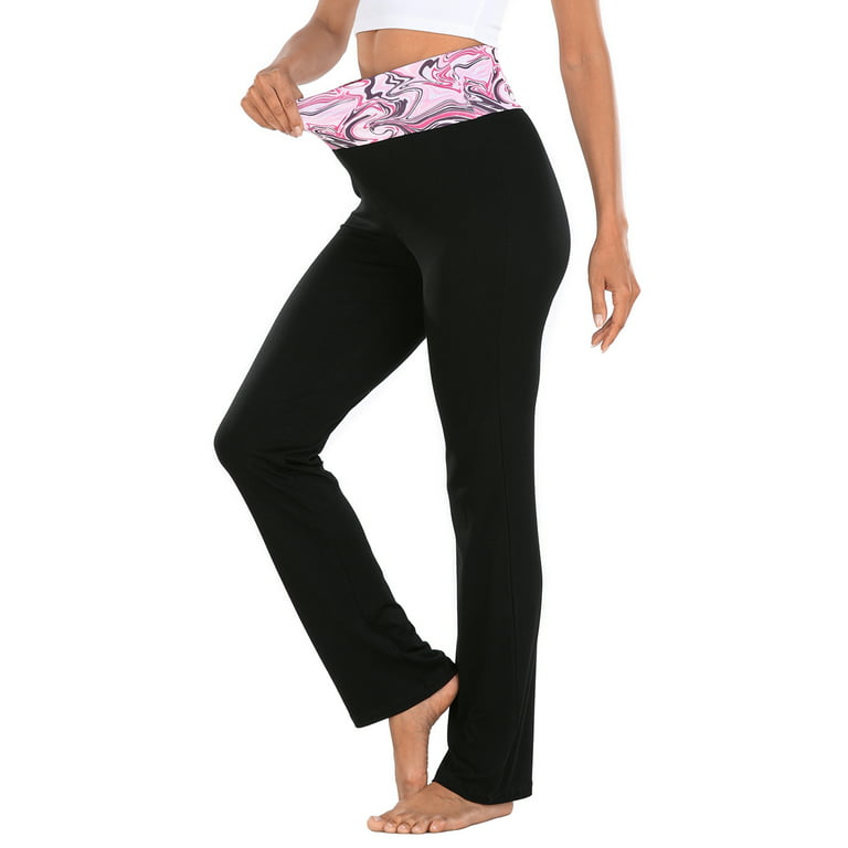HDE Women's Color Block Fold Over Waist Yoga Pants Flare Leg Workout  Leggings Pink Marble / Black M
