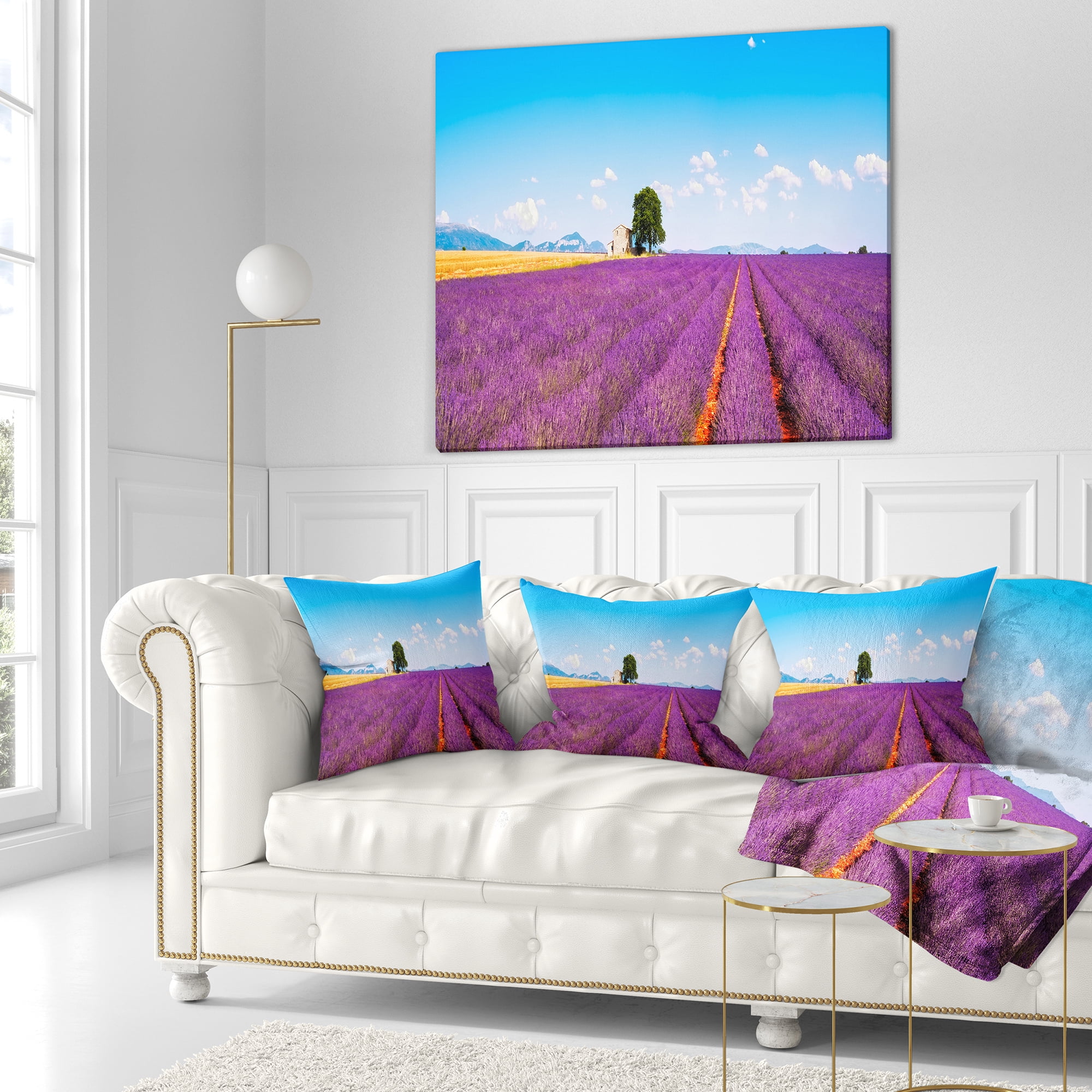 Designart Remote House and Tree in Lavender Field - Landscape Wall Throw Pillow - 18x18