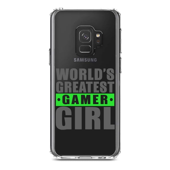 DistinctInk Clear Shockproof Hybrid Case for Samsung Galaxy S9 (5.8" Screen) - TPU Bumper Acrylic Back Tempered Glass Screen Protector - World's Greatest Gamer Girl Video Games