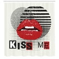 thumbnail image 3 of Kiss Me Shower Curtain, Valentine's Day Typography Grunge Background Halftone and Stripes, Fabric Bathroom Set with Hooks, 69W X 84L Inches Extra Long, Vermilion Black Off White, by Ambesonne, 3 of 3