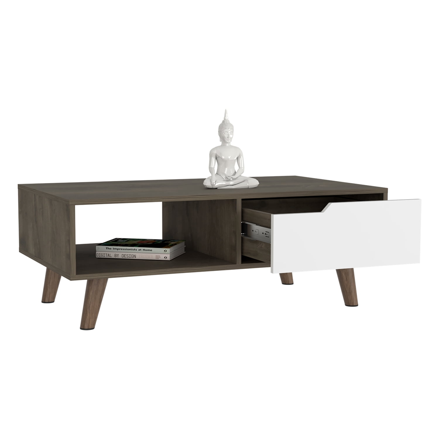 Lisonu Mid-Century Modern Coffee Table with Drawer and Open Shelf, Two-Tone Living Room Center Table with Tapered Legs, Particle Board Cocktail Table, Dark Brown & White